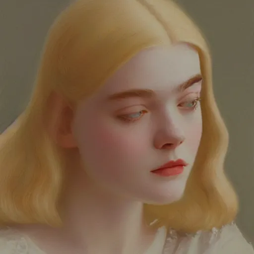 Image similar to Painting of Elle Fanning dreaming, long blonde hair, delicate, pale milky white porcelain skin, by Quint Buchholz. 8K. Extremely detailed.