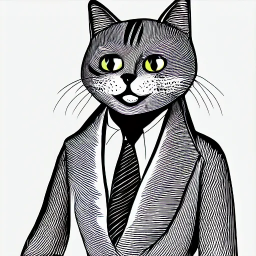 Prompt: a cat wearing a suit, line art