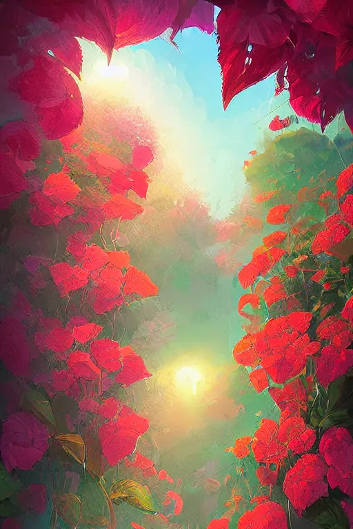 Prompt: beautiful digital matter cinematic painting of whimsical botanical illustration of begonia whimsical scene by greg rutkowki and alena aenami artstation