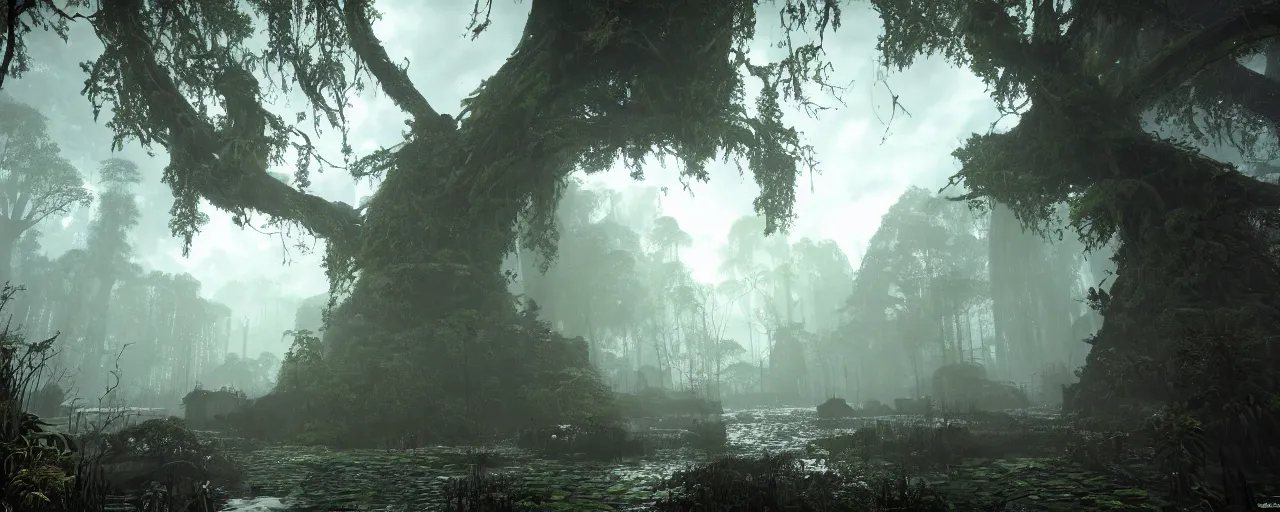 Prompt: a stunning wide shot view of a mythical rainforest, screenshot from bloodborne