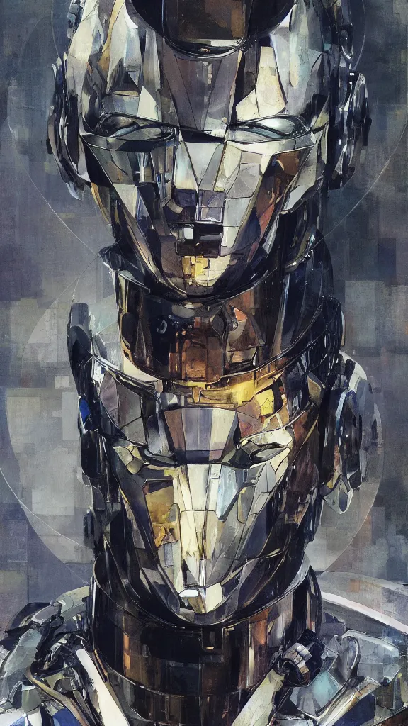 Image similar to a portrait of cyber - dog of sci fi metallic human by yoji shinkawa bright eyes, melancholic complex geometric figure liminal machinery by oskar schlemmer, moebius, john berkey, film grain, oil on canvas, portrait facial head, featured on artstation, hd wallpaper, 8 k