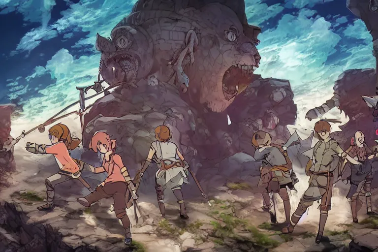 Image similar to cell shaded key visual of a group of adventurers being defeated by monsters in a dungeon, in the style of studio ghibli, moebius, makoto shinkai,