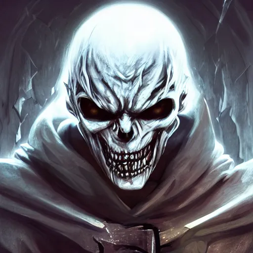 Image similar to photorealistic dark fantasy concept art of nightmare sans with his eye glowing, dynamic lighting, stunning visuals, ray tracing, beautiful scenery, cinematic, full body portrait, ultra detailed, hyper detail, stunning detail