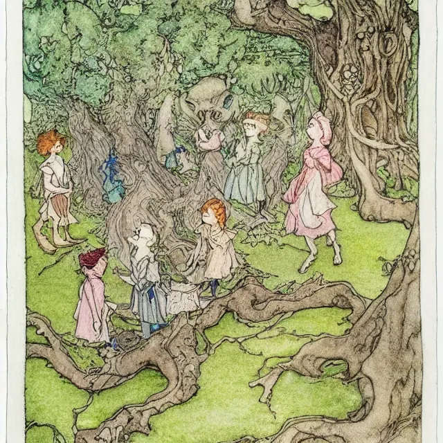 Image similar to a detailed, intricate watercolor and ink portrait illustration with fine lines, of goblins and fairies playing hopscotch on the mossy ground reading under a gnarled tree, by arthur rackham and edmund dulac and ted nutall and mucha