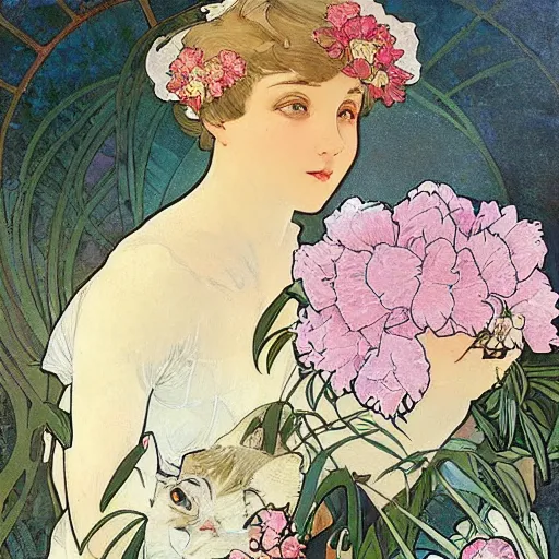 Prompt: white short haired cat, surrounded by peonies, Alphonse mucha, art nouveau, poster art
