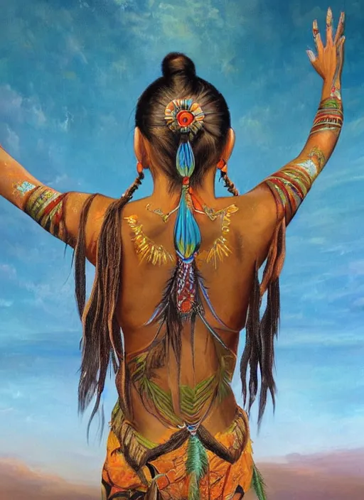 Image similar to a beautiful painting of an indigenous woman seen from behind, holding up her arms to the sky, full body, matte painting, fantasy art, ayahuasca, highly detailed