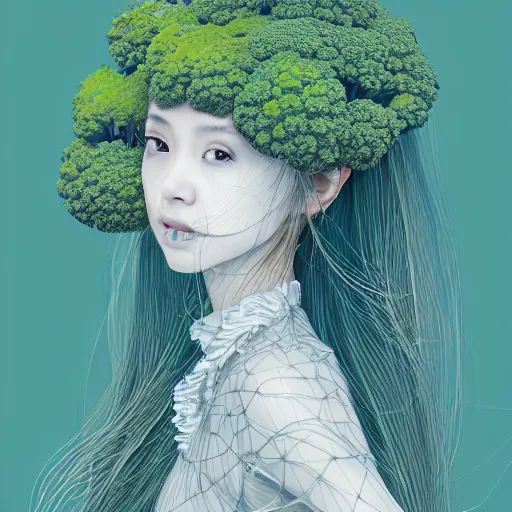 Prompt: the portrait of an unbelievably beautiful, elegant, and sophicated young japanese woman partially made of broccoli, an ultrafine detailed illustration by james jean, intricate linework, bright colors, final fantasy, behance contest winner, vanitas, angular, altermodern, unreal engine 5 highly rendered, global illumination, radiant light, detailed and intricate environment