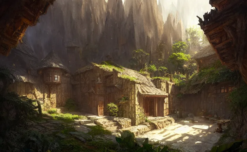 Image similar to painting of a series of opposing living quarters overlooking communal area carved into a mountain, lush garden with hot spring between, cozy bed, well maintained, clean, medieval, fantasy genre, natural light, fantasy, natural light, concept art, by greg rutkowski and craig mullins, cozy atmospheric and cinematic lighting, trending on artstation