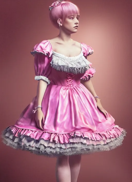 Image similar to oil painting, costume design, pink rose lolita dress, 3 d, render by maya, hyper realistic