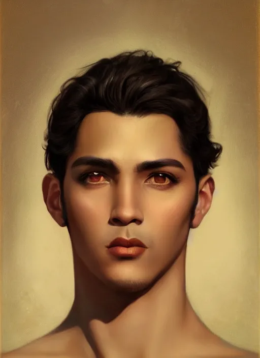 Image similar to a magical portrait of a handsome latino male gang member with dark brown eyes and short blackhair, art by manuel sanjulian and tom bagshaw