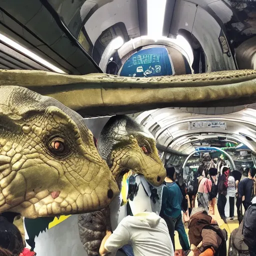 Prompt: a group of dinosaurs are crowding the subway, which runs above the water, miyazaki hayao.