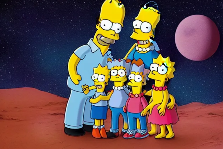 Image similar to a family photo of the simpsons in mars, funny