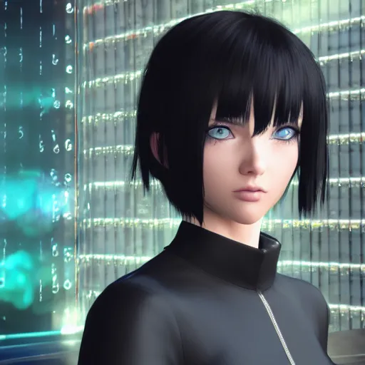 Image similar to « portrait, attractive, blue eyes, black hair, middle length hair, ghost in the shell, front view, unreal engine 5 »