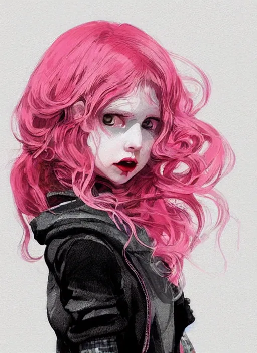 Prompt: highly detailed portrait of a girl with scarlet lips and pink eyes, tartan hoody, ringlet hair, short white hair by atey ghailan, by greg rutkowski, by greg tocchini, by james gilleard, by joe fenton, by kaethe butcher, gradient pink, black, red, cream and white color scheme, trending in pinterest, award winning details