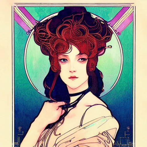 Prompt: hydrogen. beautiful, realistic symmetrical portrait painting by mucha and kuvshinov and bilibin. synthwave watercolor, thick linings, manga, soviet realism