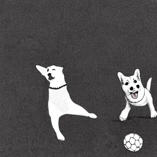 Image similar to illustration of french boy on the streets of paris playing football against a corgi, the dog is wearing a polka dot scarf, comic, 1 9 7 2