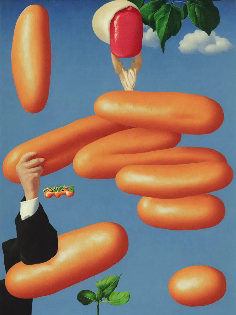 Image similar to Rene Magritte's Son Of Man painting with a floating pink hotdog blocking the face, the hotdogs all have faces, the hotdog has a stem and leaves and is growing more unripe hotdogs on the hotdog vine