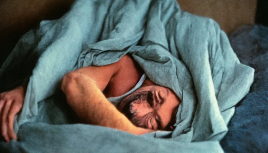 Image similar to 7 0 s movie still of a man in a cocoon, cinestill 8 0 0 t 3 5 mm eastmancolor, heavy grain, high quality, high detail