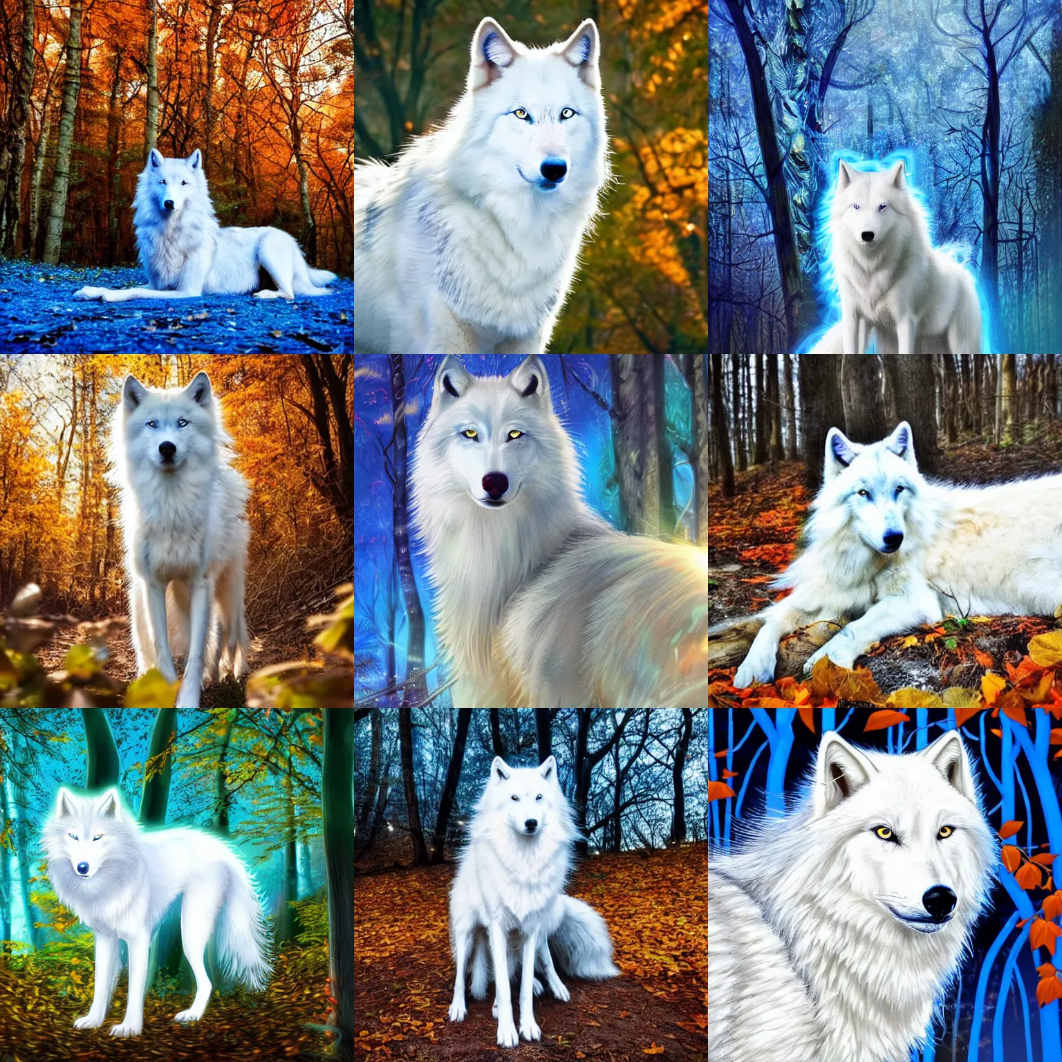 Prompt: a beautiful long - haired white wolf with blue luminescent neon shiny eyes stands in a dormant autumn forest, in the background orange trees with falling foliage, blue eyes, blue eyes on the face, photorealism, landscape, hyper detailed, warm volumetric lights, orange ray