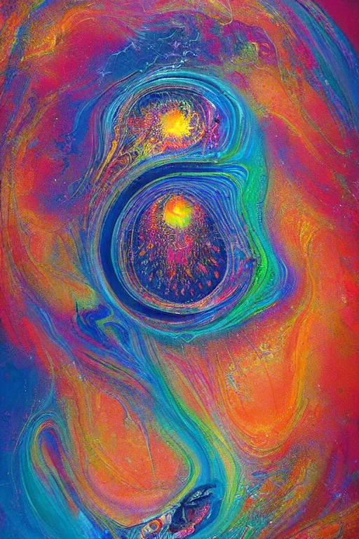 Prompt: fluid dynamics flow art a painting of a iridescent nebular with a colorful swirl shimmering with pearlescence, acrylic marbling art by sam spratt, beksinski, deviantart, psychedelic art, psychedelic, cosmic horror, chromatic