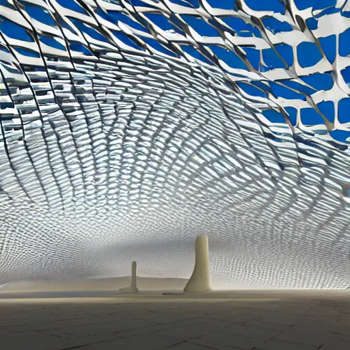 Image similar to data driven architecture, underground desert pavilion, open to sky, voronoi, sculpture, light,