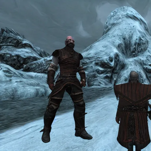 Prompt: walter white in sovngarde, skyrim, alduin, black dragon, adventuring gear, nord, viking