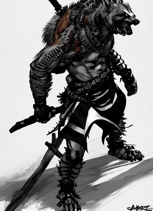 Image similar to Full body portrait of a scarred gnoll with ornate shinobi apparel. In style of Yoji Shinkawa and Hyung-tae Kim, trending on ArtStation, dark fantasy, great composition, concept art, highly detailed, dynamic pose.