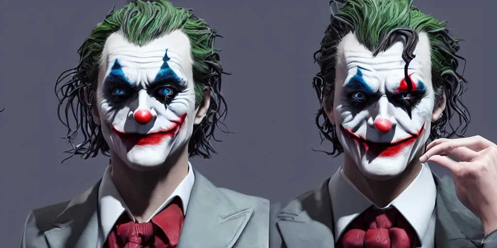 Prompt: joker 2 0 1 9 concept art, outfit and makeup design, unreal engine, 8 k, lots of detail