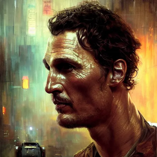 Image similar to matthey mcconaughey, hyperrealistic portrait, bladerunner street, art of elysium by jeremy mann and alphonse mucha, fantasy art, photo realistic, dynamic lighting, artstation, poster, volumetric lighting, very detailed face, 4 k, award winning