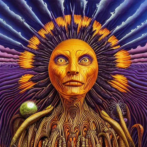 Image similar to THE QUEEN OF THE SUN by jacek yerka, alex gray, zdzisław beksiński, dariusz zawadzki, jeffrey smith and h.r. giger, oil on canvas, 8k highly professionally detailed, trending on artstation