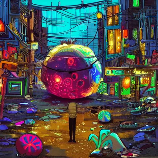 Image similar to A dirty street in the Bronx, by night, with giant neonpunk urchin everywhere, colorful composition, ultra detailed, dang yo