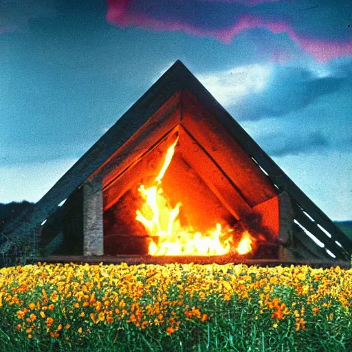 Prompt: vhs 1 9 8 0 s footage of a scene from the movie midsommar a - line shaped wooden building on fire, field of flowers