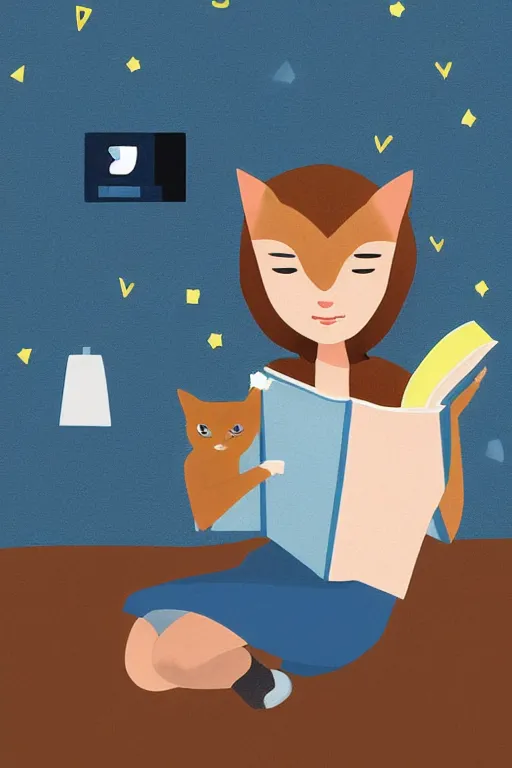 Image similar to a digital painting of a girl reading a book with a cat in A comfortable study room at night,JK uniform ,Hairdryer,blue theme,geometric shapes,S line,hard edges, by anmi and reoenl