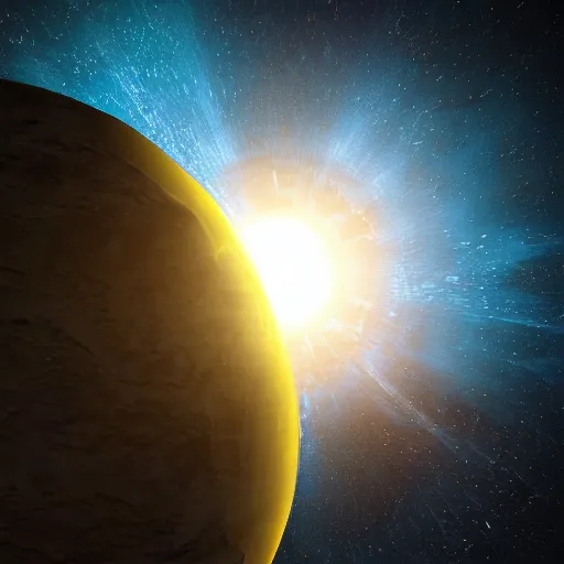 Prompt: realistic photo of a rocky alien planet with water in the dark space seen from an space probe, with blue and yellow continents, unreal engine, blender