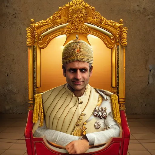 Image similar to Macron emperor of India , realistic, photo studio, HDR, 8k, trending on artstation