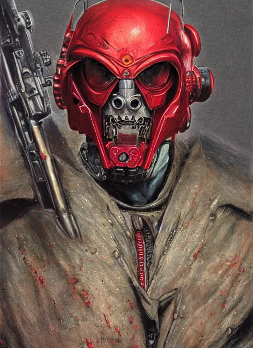 Image similar to portrait of rotten Tom Cruise as adeptus mechanicus in red hood and robe from Warhammer 40000. Highly detailed, artstation, illustration by and John Blanche and zdislav beksinski and wayne barlowe and Gustav Klimt