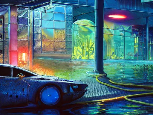 Prompt: a biopunk underwater streetcorner environment, sportscar on fire, pouring smoke, glass domes, glass panes, glowing lights, fronds, branches, dramatic lighting, photorealism, unreal engine, art by michael whelan and chris moore and howard david johnson and tim white and dan giancola