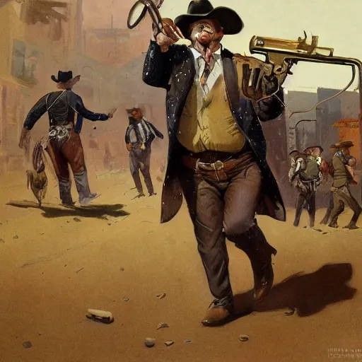 Image similar to cowboys shoot it out with a fat monster in a western town, 1890s, dynamic, by tom lovell and frank schoonover and dean cornwell and james gurney, arstation creature concept art