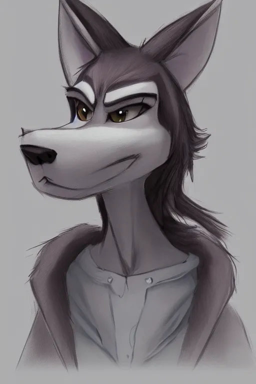 Prompt: concept art of anthromorphic female wolf, in style of cory loftis, female fursona, furry, furaffinity, 4 k, deviantart, furry art, fursona art, wearing black business suit, business suit, in style of zootopia, wolf fursona, cyberpunk, female, very expressive detailed feminine face,