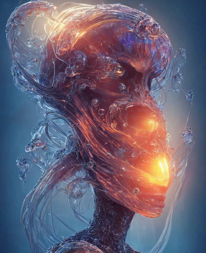 Image similar to close-up macro portrait of the face of a beautiful princess, epic angle and pose, symmetrical artwork, 3d with depth of field, blurred background, cybernetic jellyfish female face skull phoenix bird, translucent, nautilus, energy flows of water and fire. a highly detailed epic cinematic concept art CG render. made in Maya, Blender and Photoshop, octane render, excellent composition, cinematic dystopian brutalist atmosphere, dynamic dramatic cinematic lighting, aesthetic, very inspirational, arthouse. y Greg Rutkowski, Ilya Kuvshinov, WLOP, Stanley Artgerm Lau, Ruan Jia and Fenghua Zhong