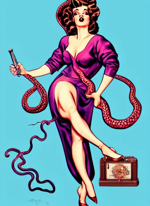 Image similar to Medusa in pin up style and 70ies clothing, trending on artstation