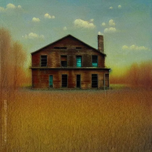 Image similar to an abandoned old rusty American house on a field oil painting in style of Zdislaw Beksinski