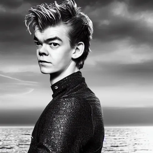 Prompt: Thomas Sangster wearing a lycra suit stepping out of a submarine overlooking the sea, handsome face, glittering sea, glamour shot, realistic face, photogenic