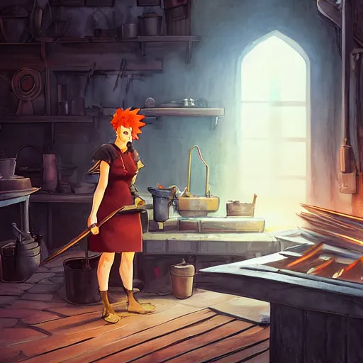 Prompt: “a full body portrait of the short and fiery blacksmith Moira at her forge, blacksmith's outfit, inside building, makoto shinkai, james gilleard, very detailed, matte, gaussian blur, tone mapped, Akihiko Yoshida”