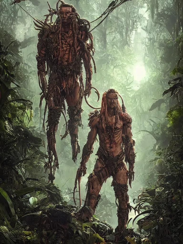 Image similar to a hyperrealistic cyberpunk portrait of a gorgeous man in the movie Predator, in a teeaming jungle with fractal sunlight, award-winning, masterpiece, in the style of Tom Bagshaw, Cedric Peyravernay, Peter Mohrbacher