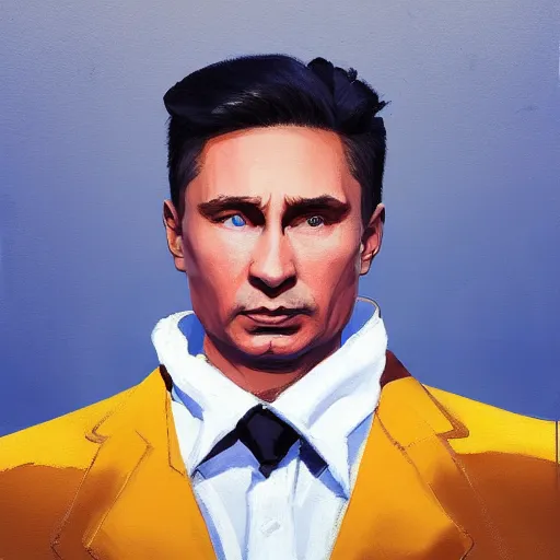 Image similar to Portrait painting Vladmir putin wearing a jacket and a collar, as an Overwatch character, medium shot, asymmetrical, profile picture, Organic Painting, sunny day, Matte Painting, bold shapes, hard edges, street art, trending on artstation, by Huang Guangjian and Gil Elvgren and Sachin Teng