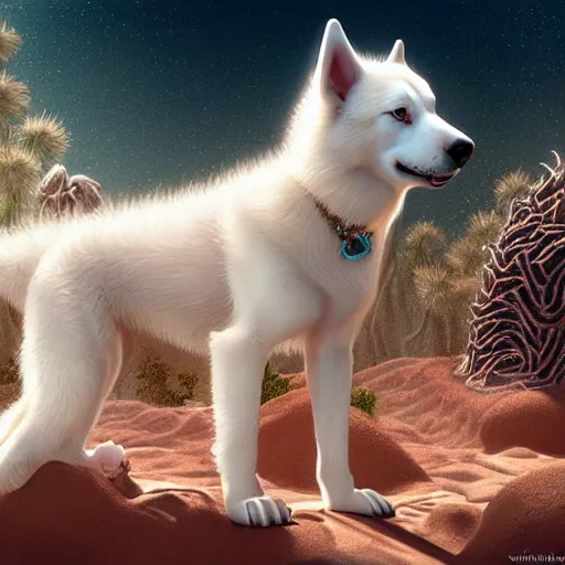 Image similar to white alaskan husky puppy creature in a desert lush oasis, warm tones : : by guillermo del toro, daniel merriam, victo ngai and michal karcz : : ornate, dynamic, particulate, intricate, elegant, highly detailed, centered, artstation, smooth, sharp focus, octane render