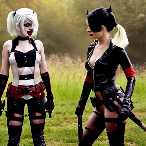 Prompt: 2B and A2 as Harley Quinn, Cinematography by Roger Deakins