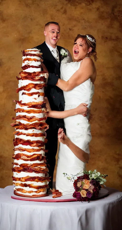 Prompt: a wedding cake made of bacon, professional food photo, bride and groom on top of the wedding cake,