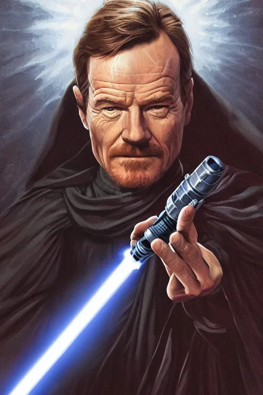 Prompt: Bryan Cranston as a Jedi Master wielding a lightsaber, looking at the viewer, detailed face, high contrast, highly detailed, digital painting, sharp focus, trending on artstation, masterpiece, concept art, illustration, Star Wars art, art by greg hildebrandt and clayton crain